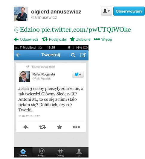 Screen usuniętego tweeta Rafała Rogalskiego.