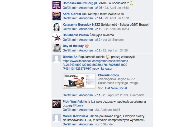 Przykład kilku komentarzy internautów pod oryginalną reklamą Solidarności.