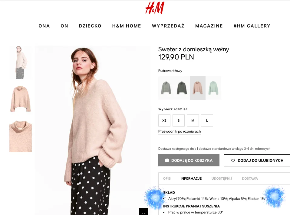 Skład swetra dostępnego w H&M. Alpaka to zaledwie 5 % składu.