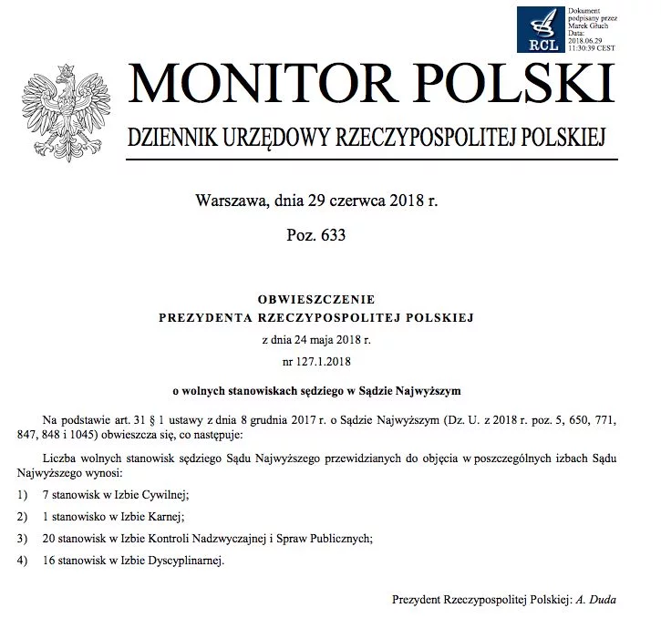 Prezydent w obwieszczeniu informuje o wakatach w Sądzie Najwyższym.
