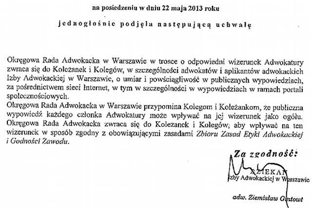 Okręgowa Rada Adwokacka w Warszawie chce, by adwokaci zachowywali w internetowych wypowiedziach umiar i powściągliwość