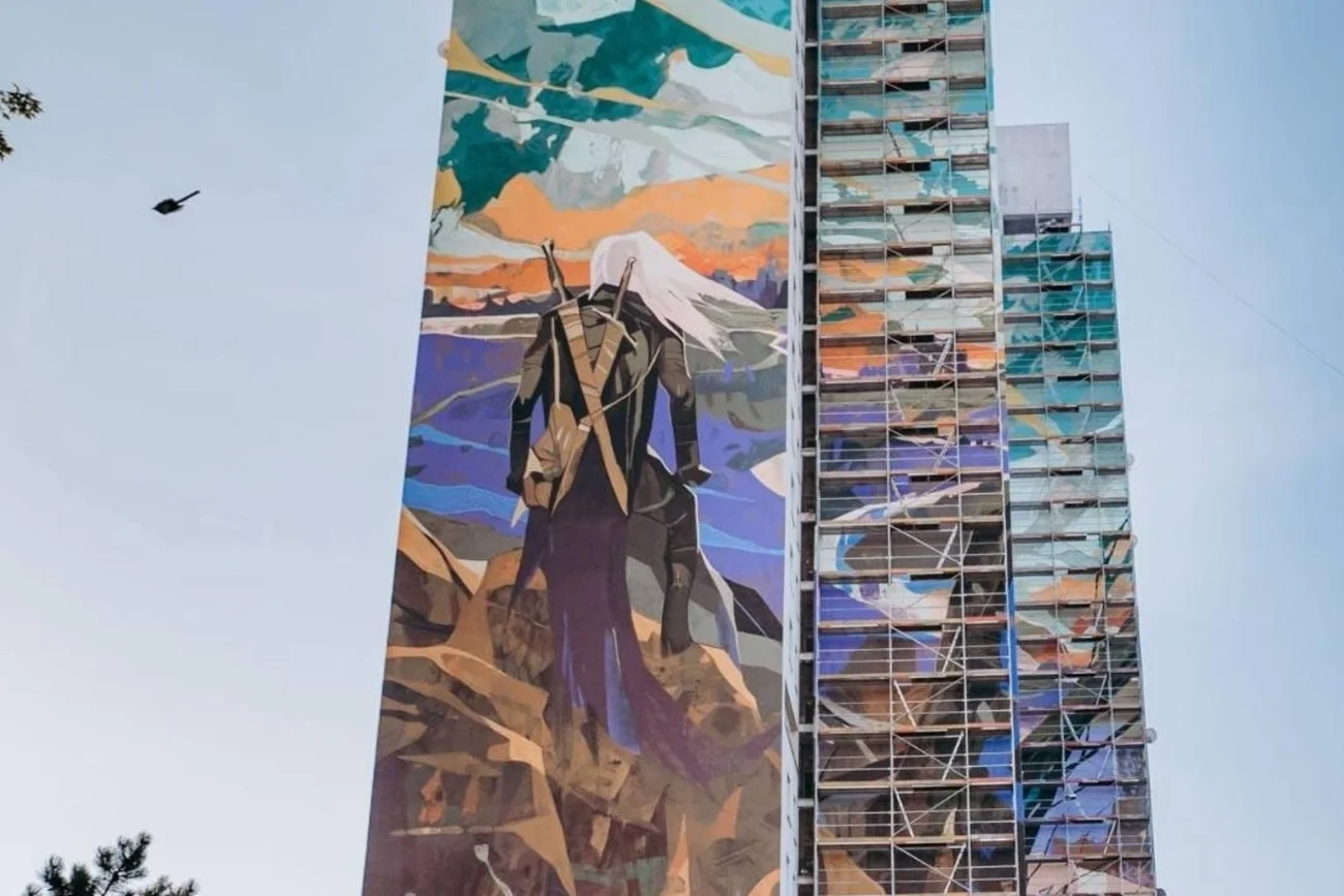 Mural wiedźmina w Łodzi.