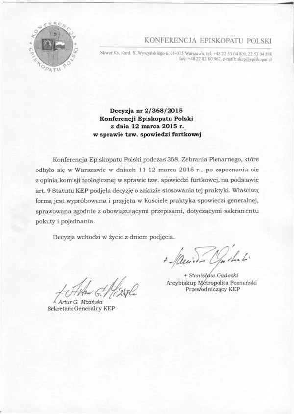 Decyzja Konferencji Episkopatu Polski w sprawie spowiedzi furtkowej.