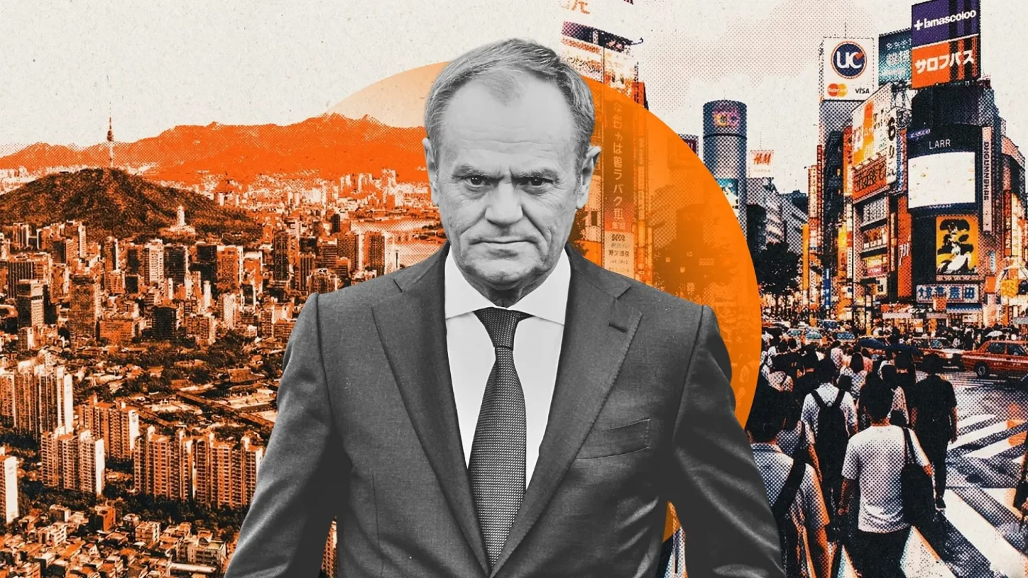 Donald Tusk. W tle ilustracja Korei i Japonii