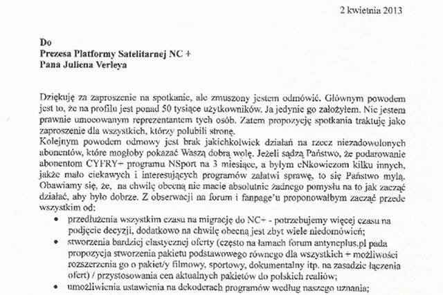 Fragment listu założyciela "Anty NC+" do prezesa platformy nC+