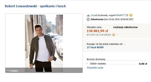 Lunch z Robertem Lewandowskim poszedł za 150 001,99 zł.
