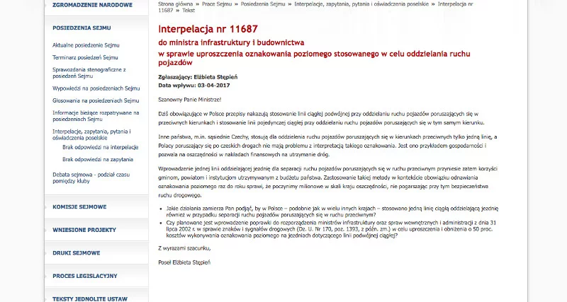 Interpelacja posłanki Nowoczesnej w sprawie uproszczenia oznakowania poziomego stosowanego w celu oddzielania ruchu pojazdów