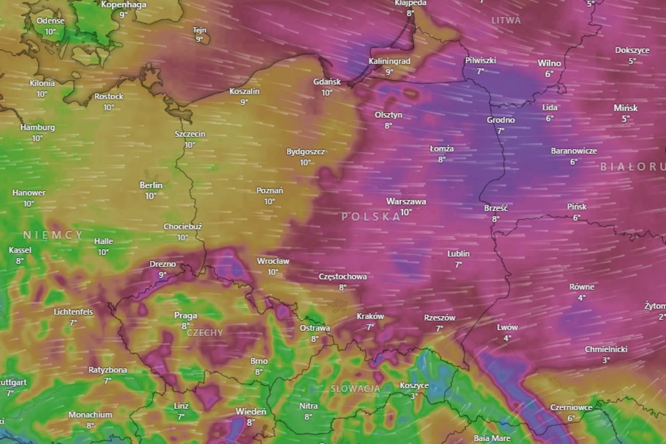 Mapa pogodowa z silnym wiatrem
