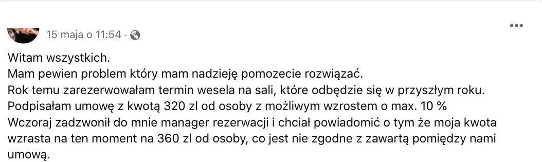Fragment wpisu na Facebooku z grupy dla przyszłych Panien Młodych