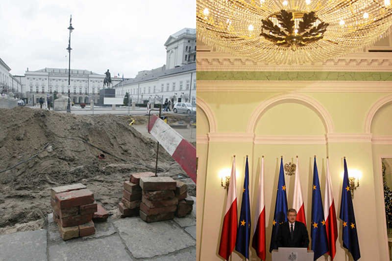 Kancelaria Prezydenta w latach 2010 - 2013 wydała na remonty 12 mln złotych. Na zdjęciu z lewej remont Krakowskiego Przedmieścia, po prawej żyrandol w Pałacu Prezydenckim.