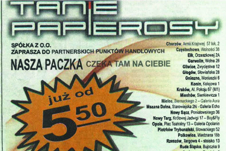 Fragment gazety, na której widać materiał zamieszczony przez firmę "Tanie Papierosy".