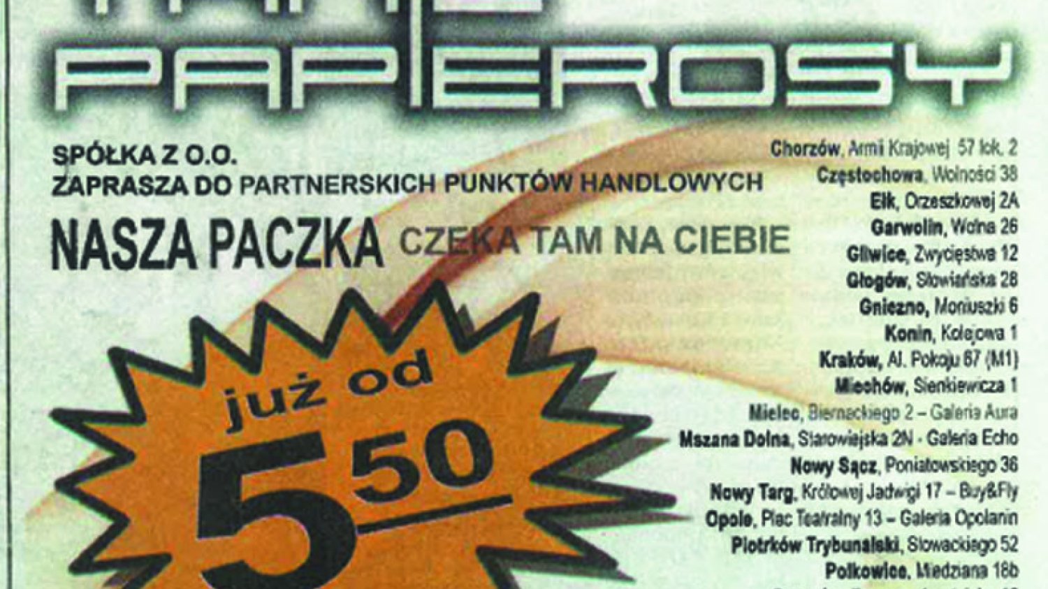 Fragment gazety, na której widać materiał zamieszczony przez firmę "Tanie Papierosy".