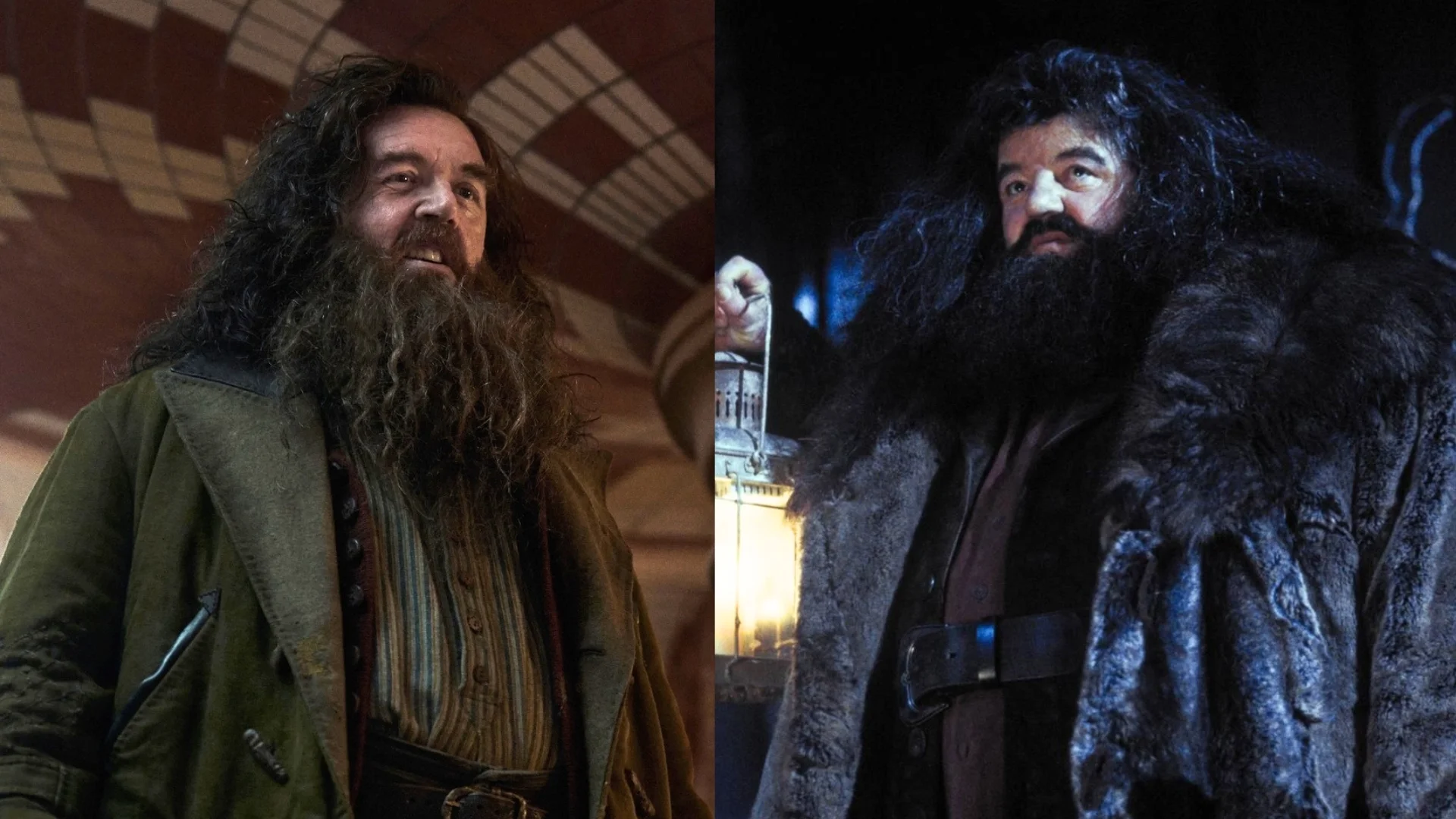 Nick Frost (po lewej) i Robbie Coltrane (po prawej) w serialu i filmie "Harry Potter i Kamień Filozoficzny"