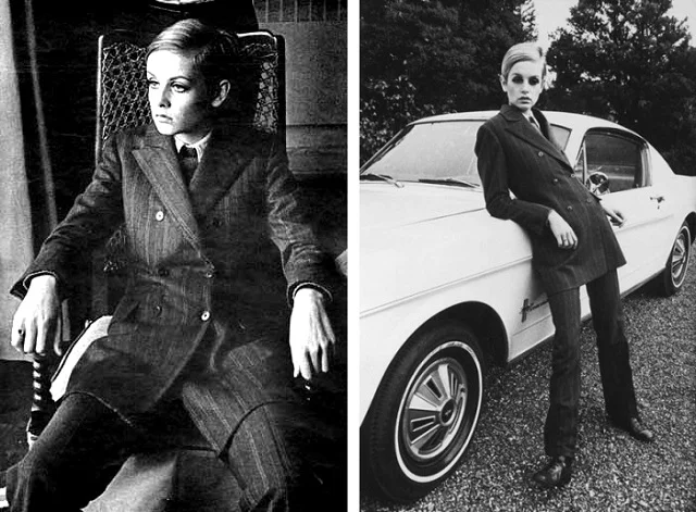 Twiggy w męskim ubiorze.