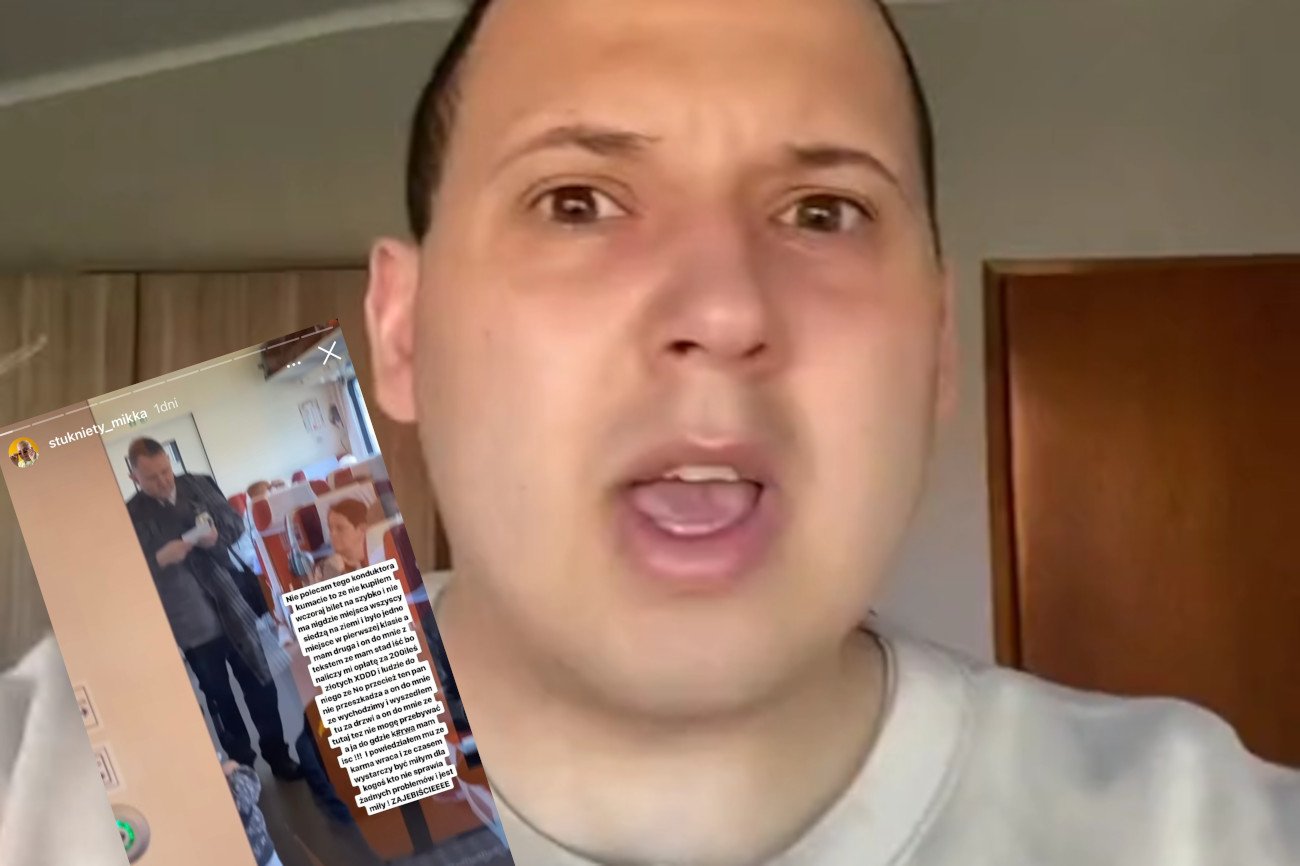 Michał Słania oburzony, że konduktor wyprosił go z przedziału I klasy, bo nie miał odpowiednego biletu.