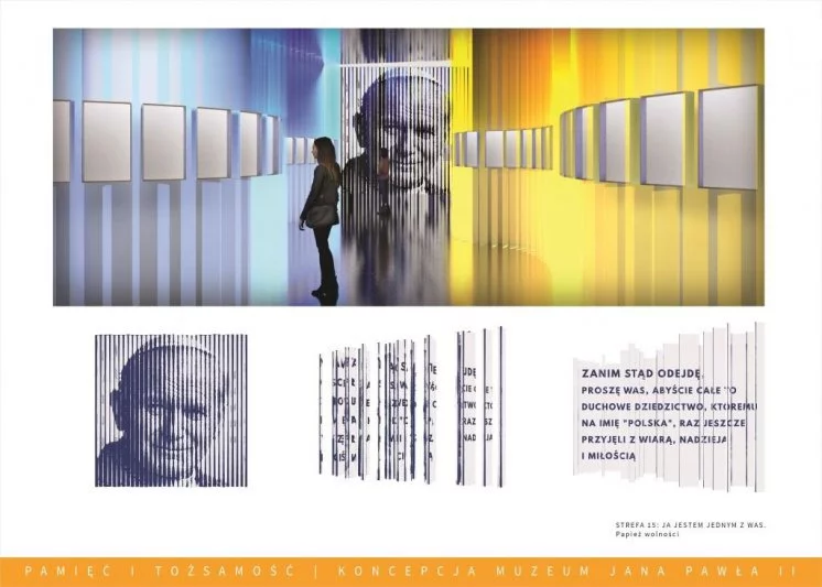 Materiały Fundacji "Lux Veritatis". Wizualizacja wystawy w Muzeum "Pamięć i Tożsamość". Strefa poświęcona Janowi Pawłowi II.