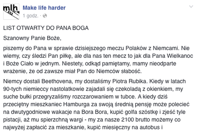 Make Life Harder piszą list otwarty do Boga przed meczem Polska - Niemcy.