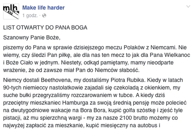 Make Life Harder piszą list otwarty do Boga przed meczem Polska - Niemcy.