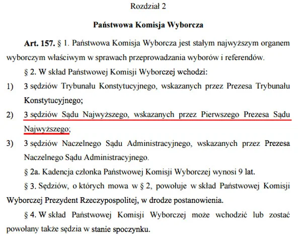 Kodeks wyborczy określa jasno, że trzech spośród 9 członków PKW, to sędziowie Sądu Najwyższego (mogą być w stanie spoczynku) wskazani przez Pierwszego Prezesa SN.