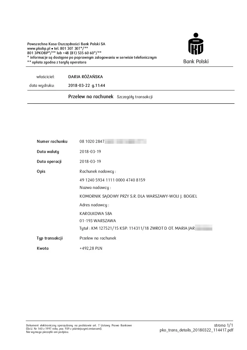 Potwierdzenie zwroty nadpłaty w wysokości 492,28 zł.