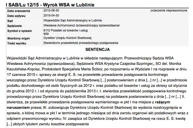 To już drugi wyrok w sprawie gnębiącego firmy dyrektora Urzędu Kontroli Skarbowej w Lublinie