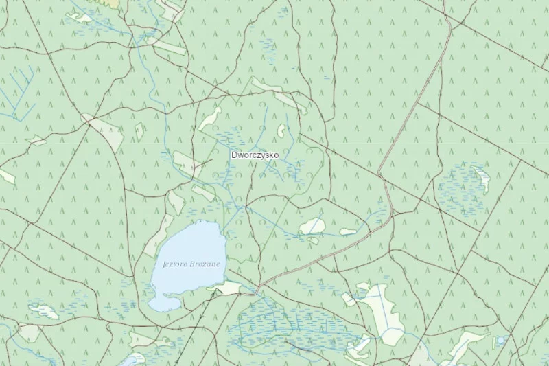 Po większym przybliżeniu mapa przełącza się na widok z satelity i nadal nie widać osady Muły w gminie Giby.
