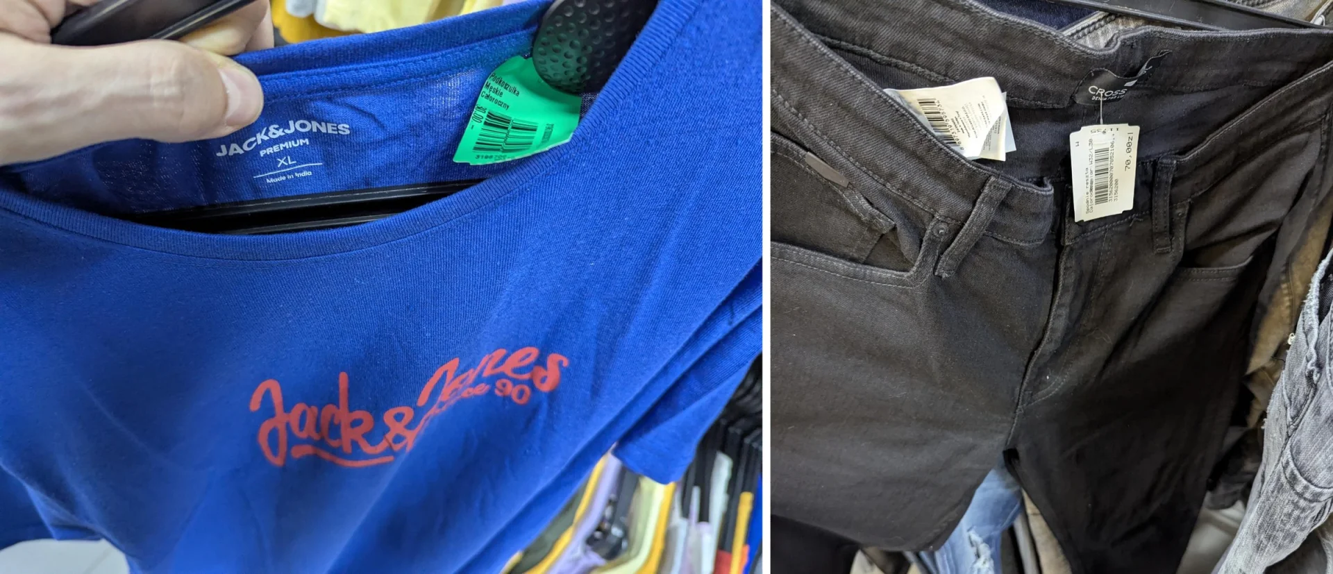 Niebieski podkoszulek Jack & Jones Premium i czarne jeansy Cross Jeans z metkami Vive Profit z cenami 30 zł i 70 zł