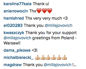 Wśród setek komentarzy pod zdjęciem Jovovich znajduje się wiele podziękowań z Polski.