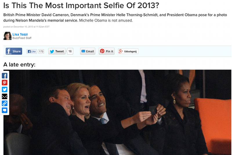 Barack Obama, David Cameron, Helle Thorning-Schmidt robią sobie zdjęcie (selfie) na uroczystościach pogrzebowych Nelsona Mandeli