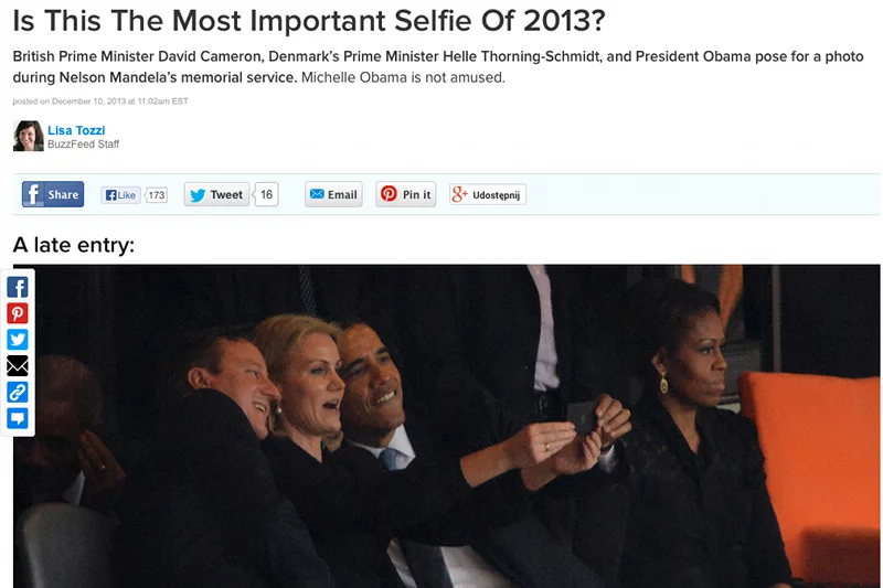Barack Obama, David Cameron, Helle Thorning-Schmidt robią sobie zdjęcie (selfie) na uroczystościach pogrzebowych Nelsona Mandeli