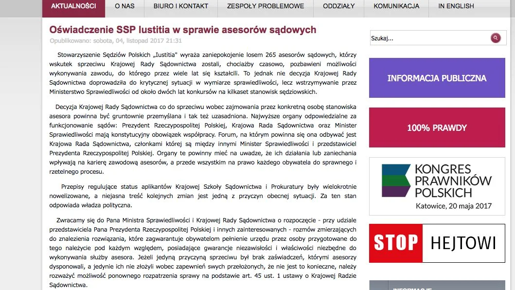 Oświadczenie stowarzyszenia "Iustitia".