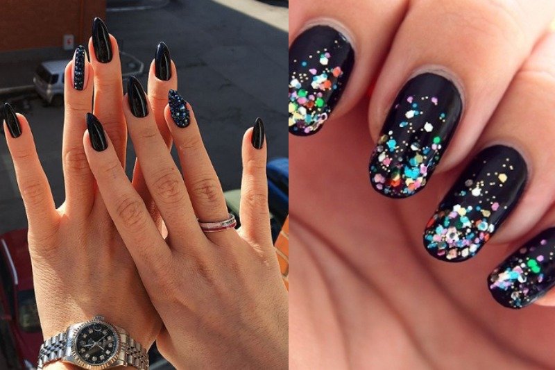 Czerń to hit w stylizacji paznokci. Możemy postawić na klasyczny czarny manicure albo ozdobić go brokatowymi elementami