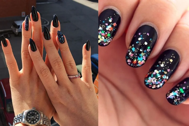 Czerń to hit w stylizacji paznokci. Możemy postawić na klasyczny czarny manicure albo ozdobić go brokatowymi elementami