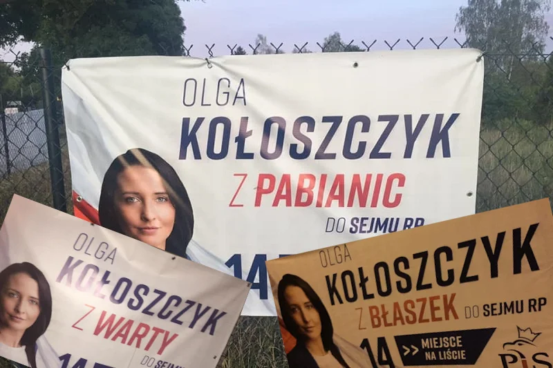 Na plakatach wyborczych Olgi Kołoszczyk z PiS widnieją różne miasta.