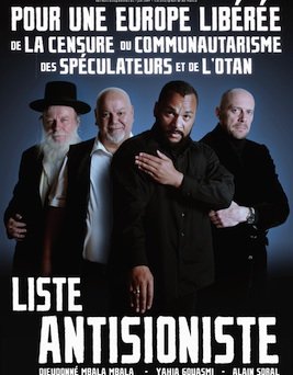 Plakat wyborczy partii antysyjonistycznej z Dieudonne wykonującym quenelle.