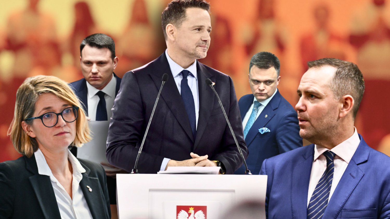 Kandydaci na prezydenta wspierani przez partie parlamentarne. Od lewej: Magdalena Biejat (Nowa Lewica), Sławomir Mentzen (Konfederacja), Rafał Trzaskowski (Koalicja Obywatelska), Szymon Hołownia (Polska 2050), Karol Nawrocki (PiS).