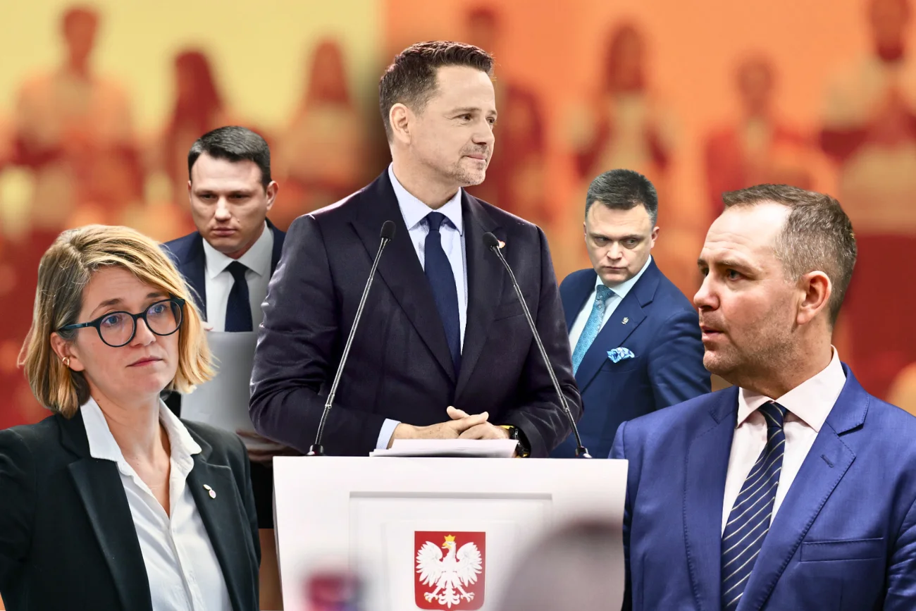 Kandydaci na prezydenta wspierani przez partie parlamentarne. Od lewej: Magdalena Biejat (Nowa Lewica), Sławomir Mentzen (Konfederacja), Rafał Trzaskowski (Koalicja Obywatelska), Szymon Hołownia (Polska 2050), Karol Nawrocki (PiS).