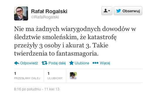 Tweet Rafała Rogalskiego w zmienionej wersji.