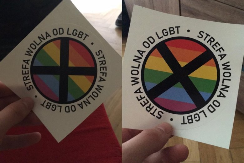 Homofobiczne nalepki Gazety Polskiej "Strefa wolna od LGBT".