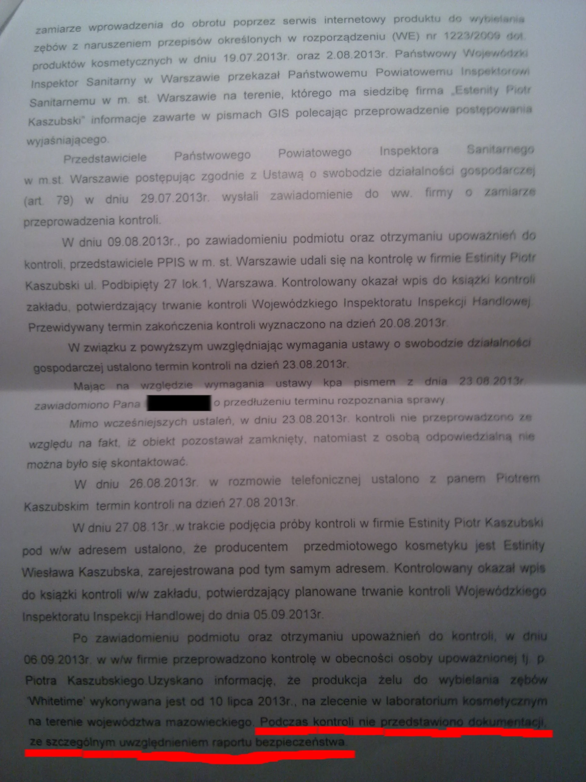 Fragment pisma z inspekcji sanitarnej, informujący m.in. o nie przedstawieniu raportu bezpieczeństwa podczas kontroli w firmie Estinity
