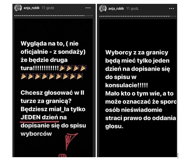Modelka Anja Rubik ostrzega na Instagramie, że wyborcy za granicą mogą mieć tylko dobę na dopisanie się do udziału w kolejnej turze głosowania.