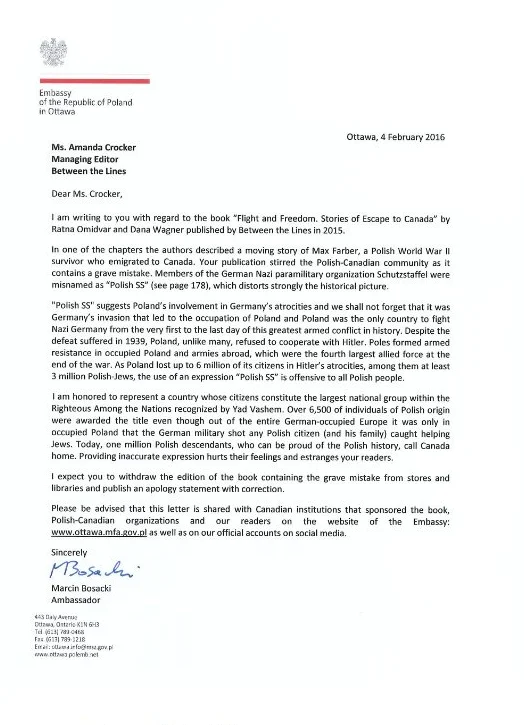 Pismo wystosowane przez ambasadora Polski w Kanadzie.