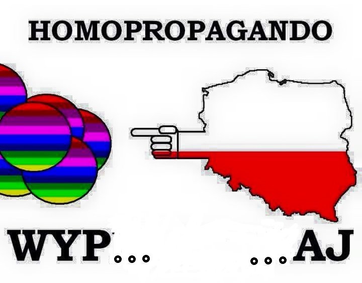 Powrót hasła "homopropagandy" oraz polskie barwy w obronie "normalności" (rysunek oryginalny, jedynie ocenzurowany)