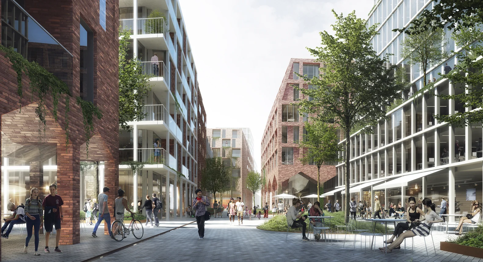 C.F Møller i MT Højgaard; 'Railway Quarter' w Aarhus. Mimo dużej intensywności, proporcje między przestrzenią publiczną a budynkami są wciąż przyjazne człowiekowi. Podcienia przy każdym budynku są dużym plusem.