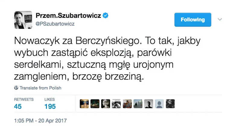 Tak zareagował publicysta Przemysław Szubartowicz na wiadomość, że Wacława Berczyńskiego w badaniu przyczyn katastrofy smoleńskiej zastąpi Kazimierz Nowaczyk.