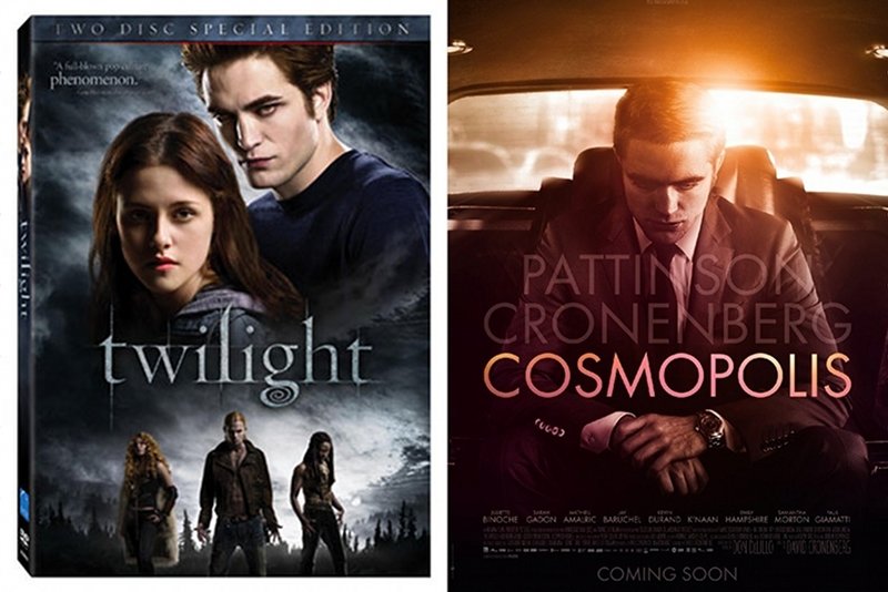 Okładka DVD ze "Zmierzchem" i plakat reklamujący "Cosmopolis" - nowy film Davida Cronenberga z Robertem Pattinsonem w roli głównej