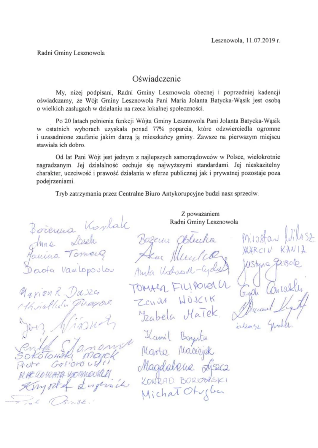 Oświadczenie byłych i obecnych radnych gminy Lesznowola w obronie zatrzymanej przez CBA wójt.