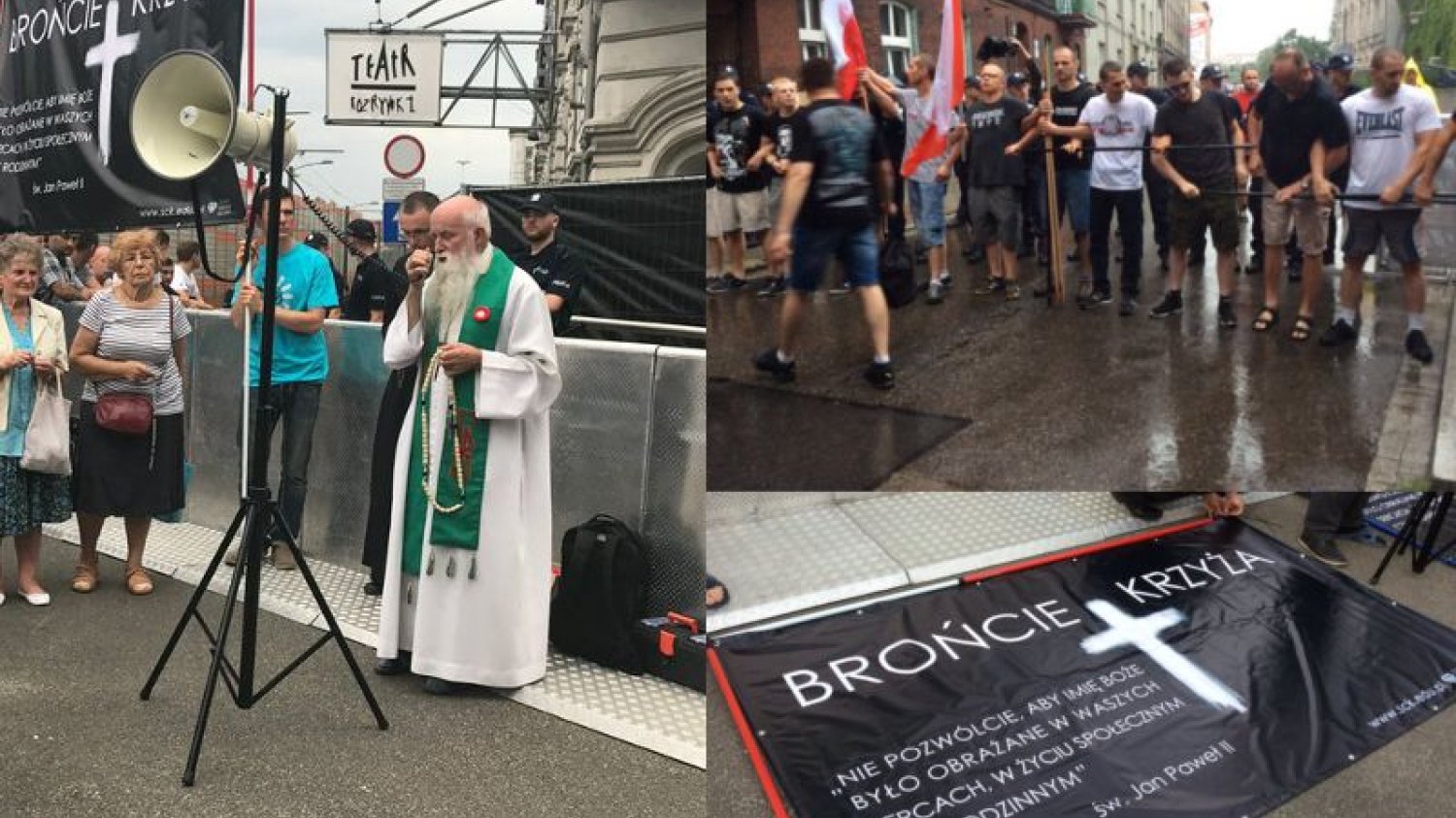 Przed Teatrem Rozrywki w Chorzowie zebrali się protestujący przeciwko wystawieniu spektaklu "Klątwa".