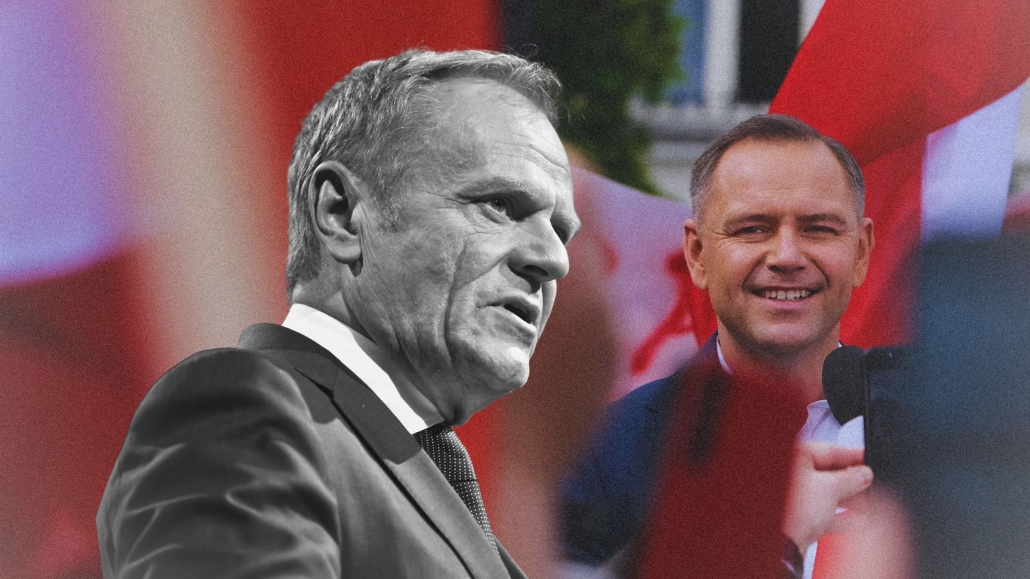 Tusk skomentował klęskę w głosowaniu nad wetem Nawrockiego ws. kryptowalut. Premier Donald Tusk, za nim na prezydent Karol Nawrocki.