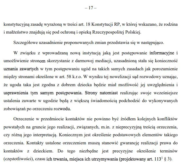 W postępowaniu rozwodowym wprowadzone ma zostać tzw. obowiązkowe postępowanie informacyjne. Na zdjęciu – fragment uzasadnienia nowelizacji.